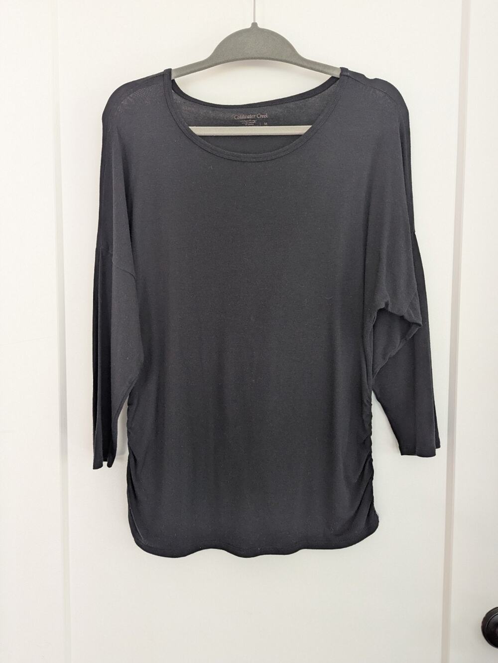 Coldwater Creek Black Ruched Side Top Women's SzM Supima Cotton Modal 3/4 Sleeve